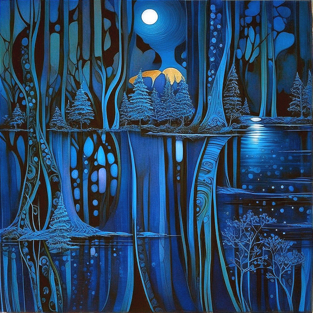 Abstract Night Scene with Blue Trees and Shimmering Lake