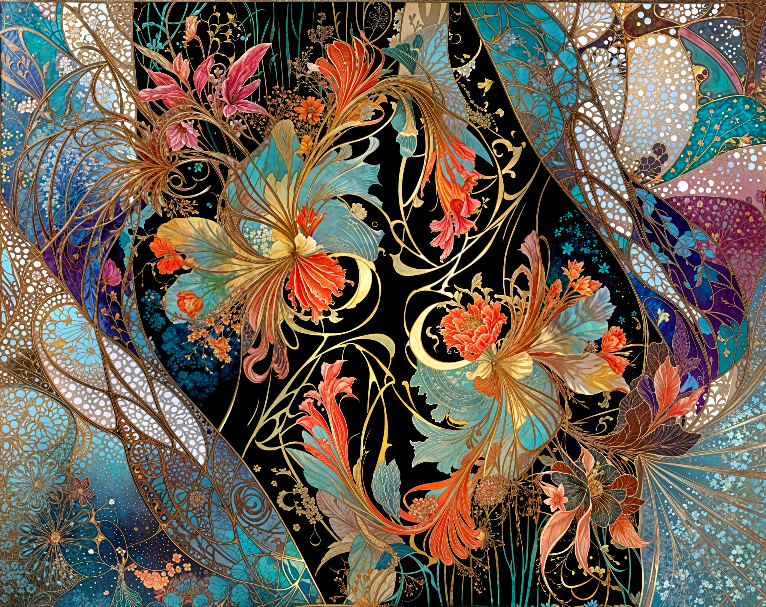 Vibrant Floral Motifs in Rich Orange, Blue, and Gold