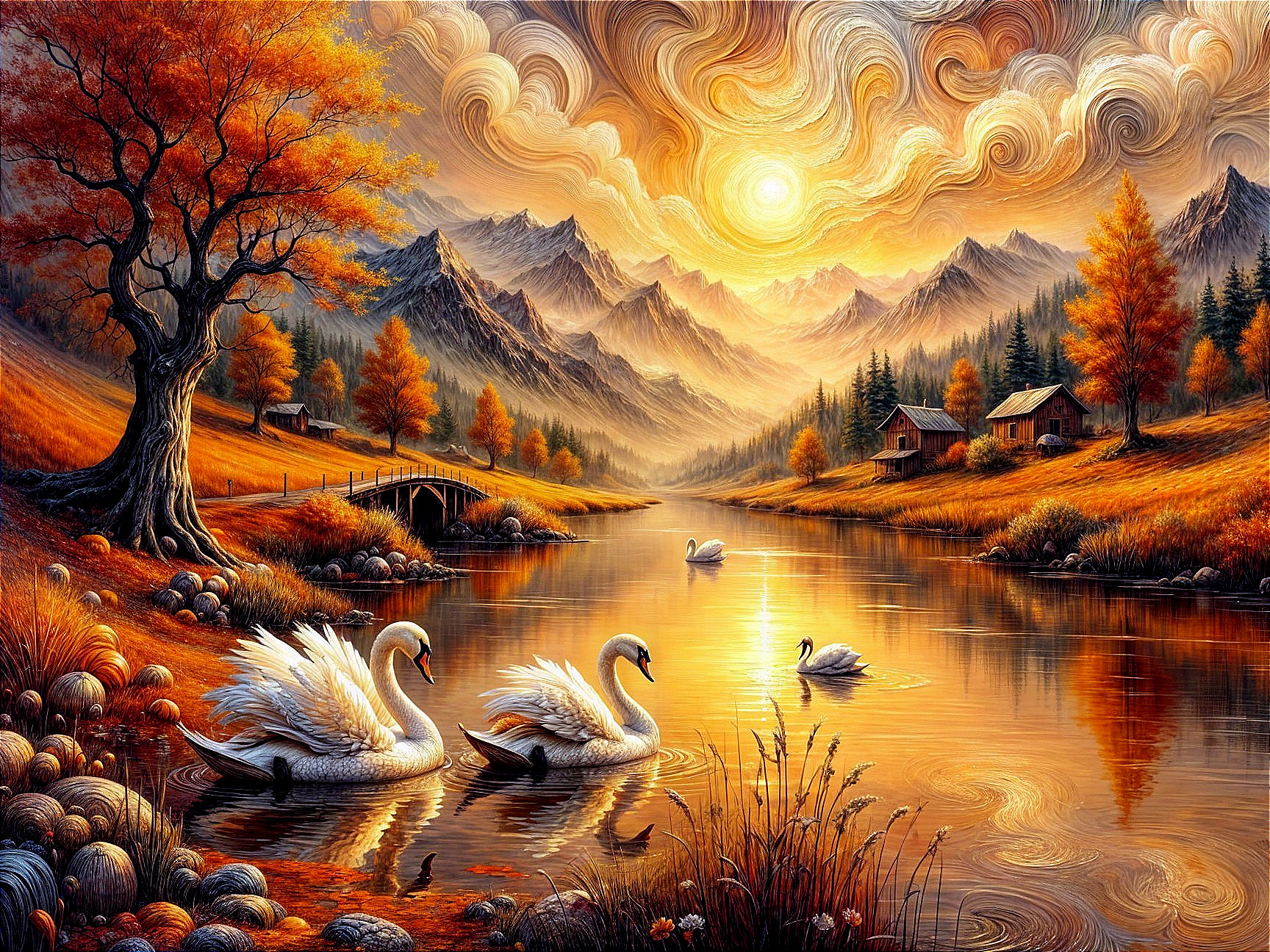 Tranquil River Landscape with Swans and Autumn Colors