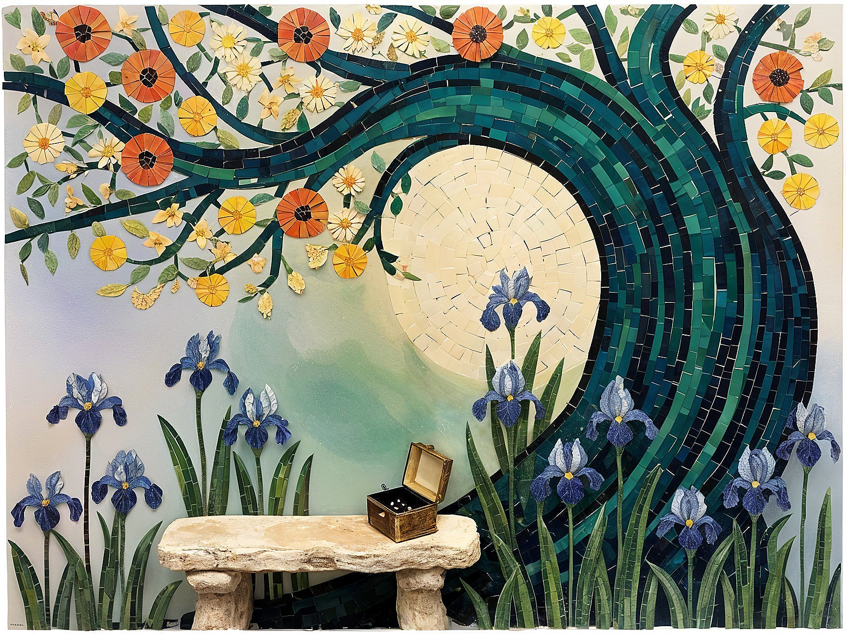 Vibrant Mosaic Artwork of a Tree and Flowers