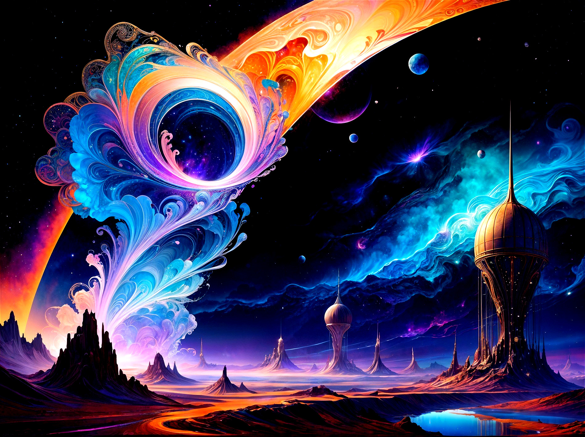 Vibrant Cosmic Landscape with Nebula and Celestial Bodies