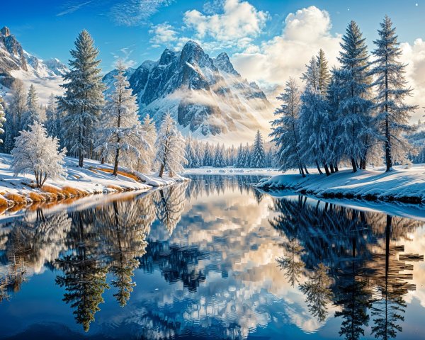 Serene Winter Landscape with Snow-Covered Mountains