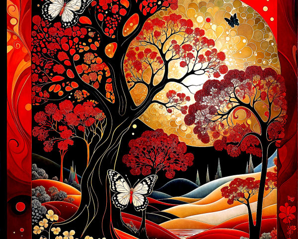 Vibrant Landscape with Red Trees and Golden Moon