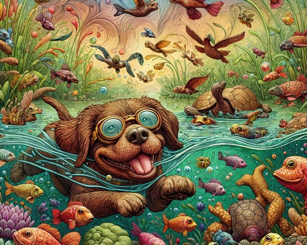 Whimsical Underwater Scene with Dog and Colorful Wildlife