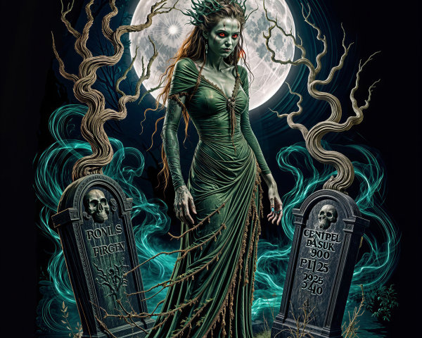 Haunting Figure Amidst Gravestones Under Full Moon