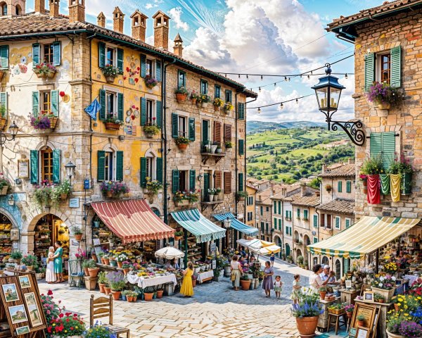 Charming Village Scene with Colorful Buildings and Market