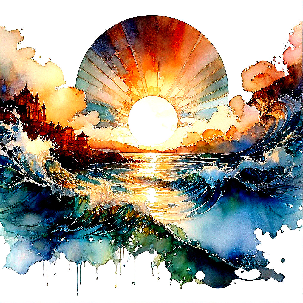 Vibrant Watercolor Sunset Over Ocean and Castle