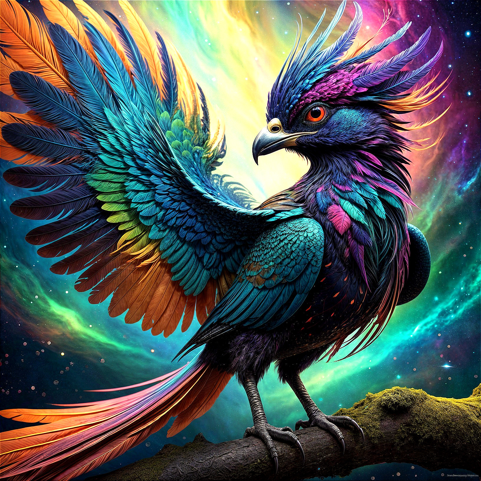 Majestic Bird with Vibrant Feathers in Cosmic Scene
