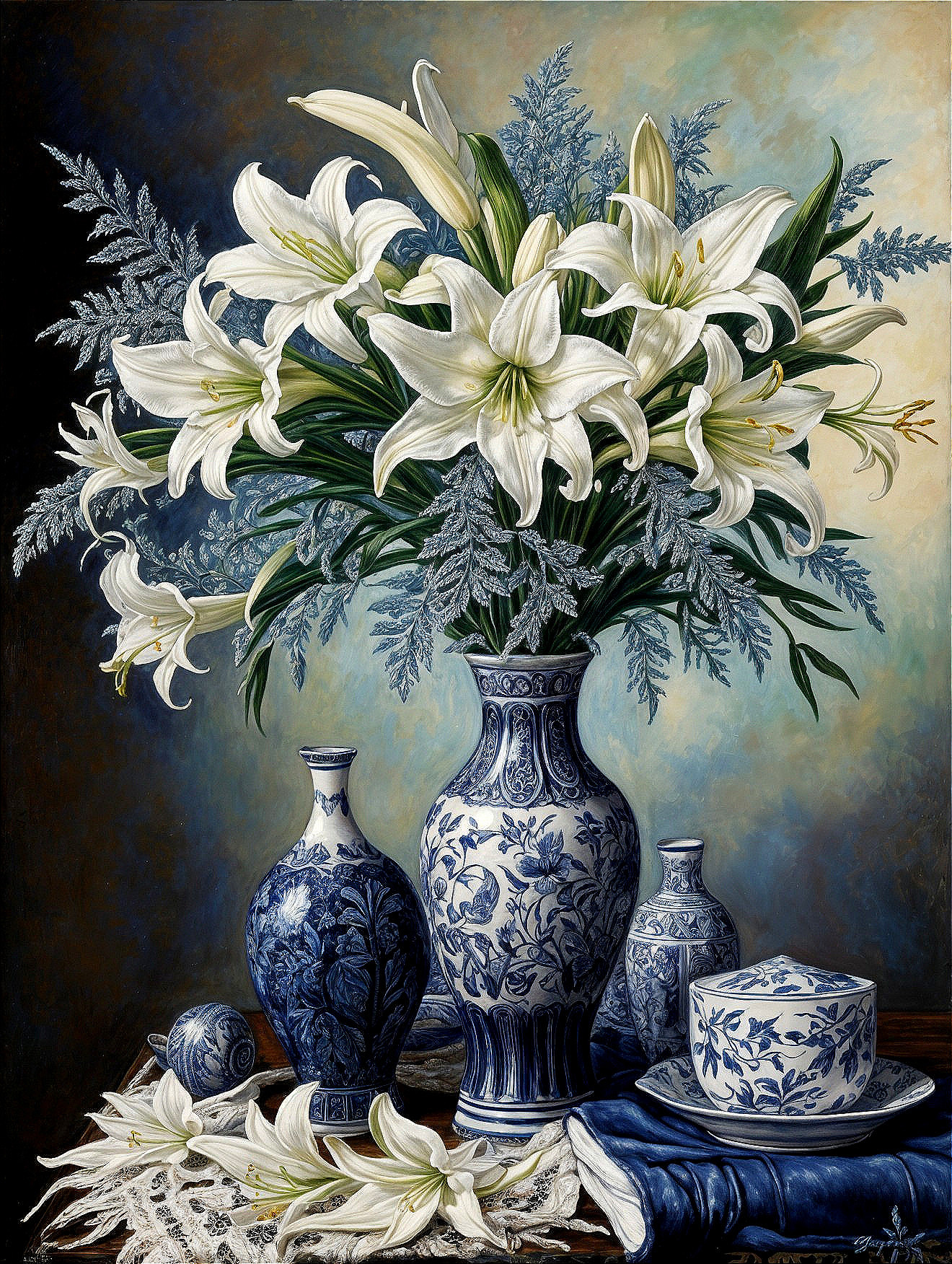 Still Life with White Lilies and Porcelain Decor