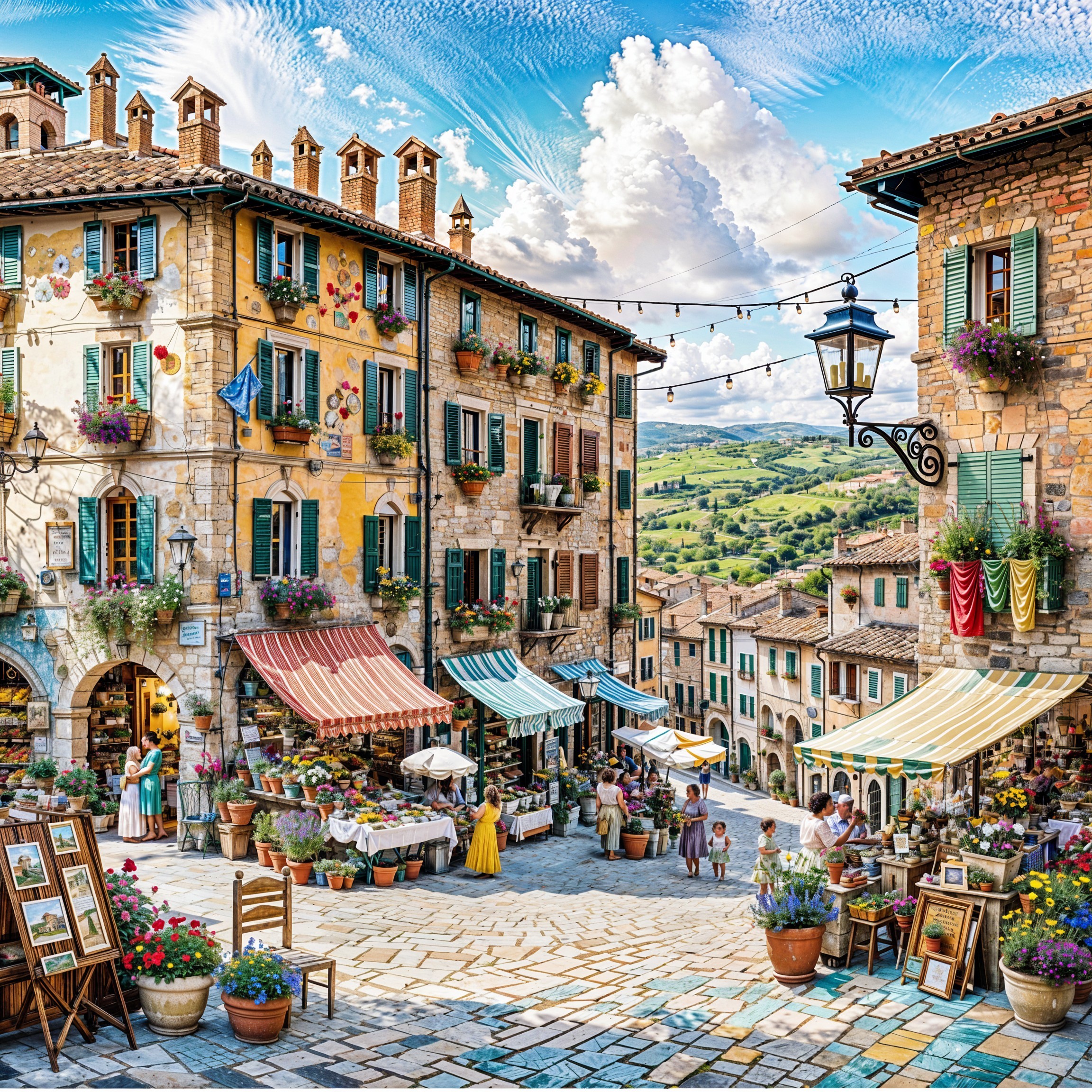 Charming Village Scene with Colorful Buildings and Market