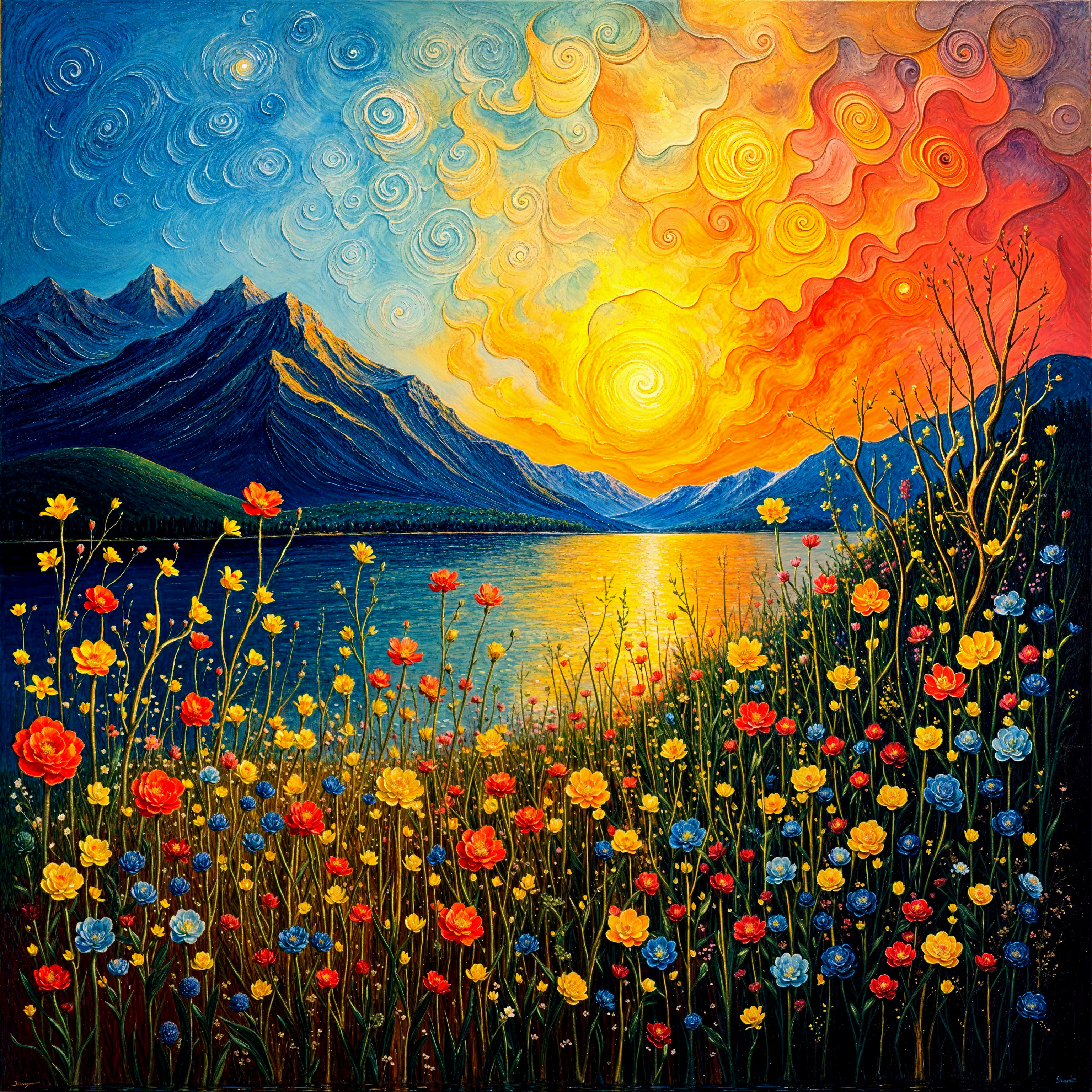 Vibrant Landscape with Sunset and Colorful Flowers