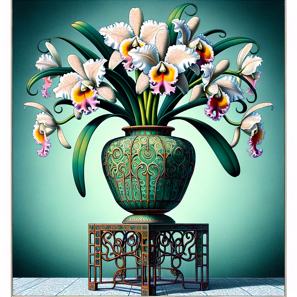 Still Life of Orchids in a Decorative Green Vase