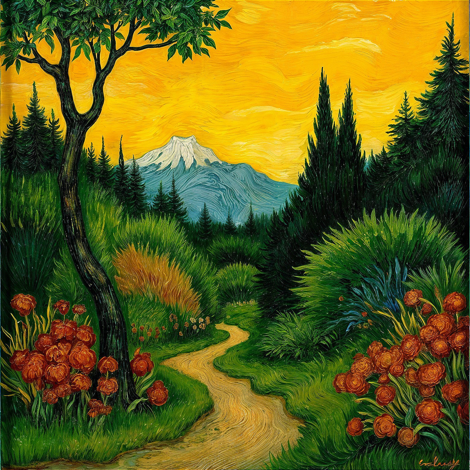 Vibrant Landscape with Winding Path and Mountains
