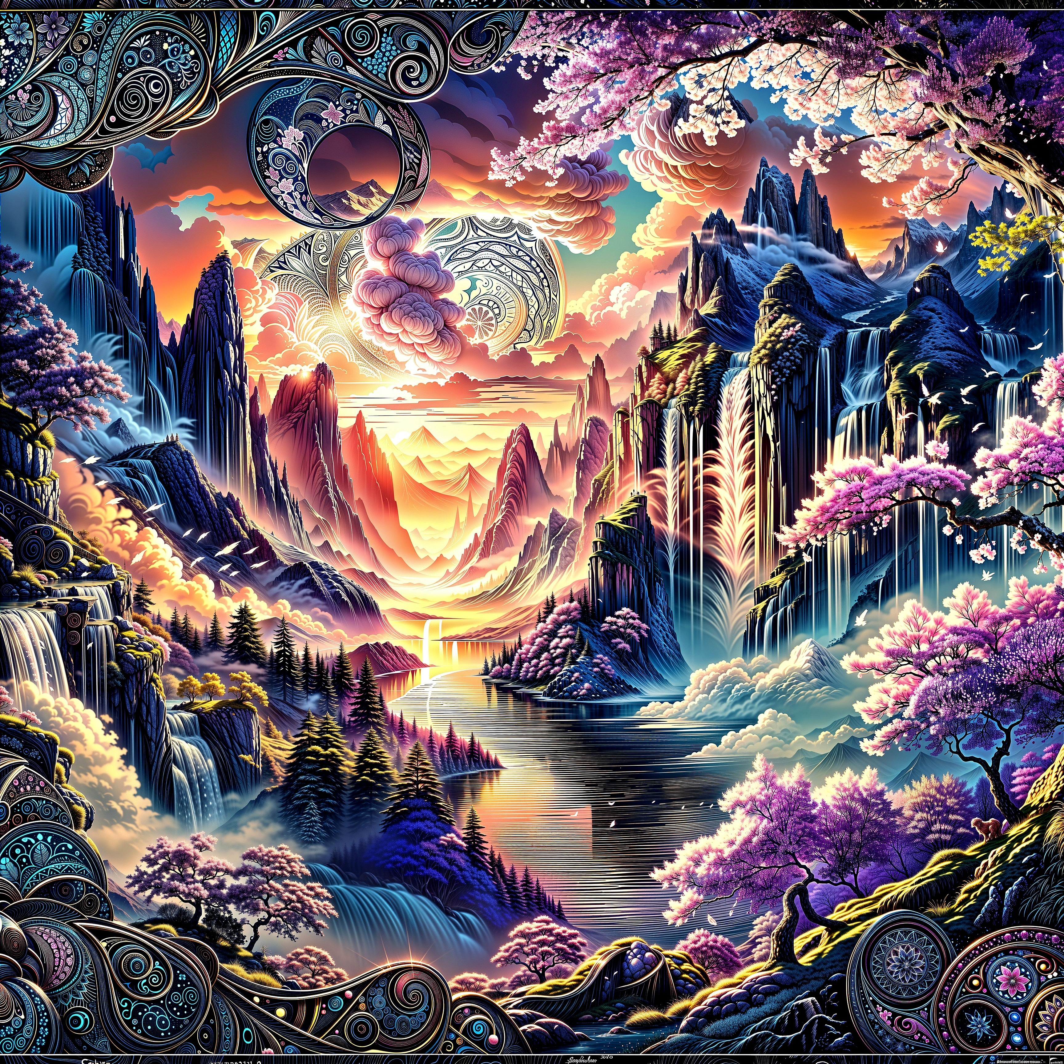 Vibrant Landscape with Mountains and Waterfalls