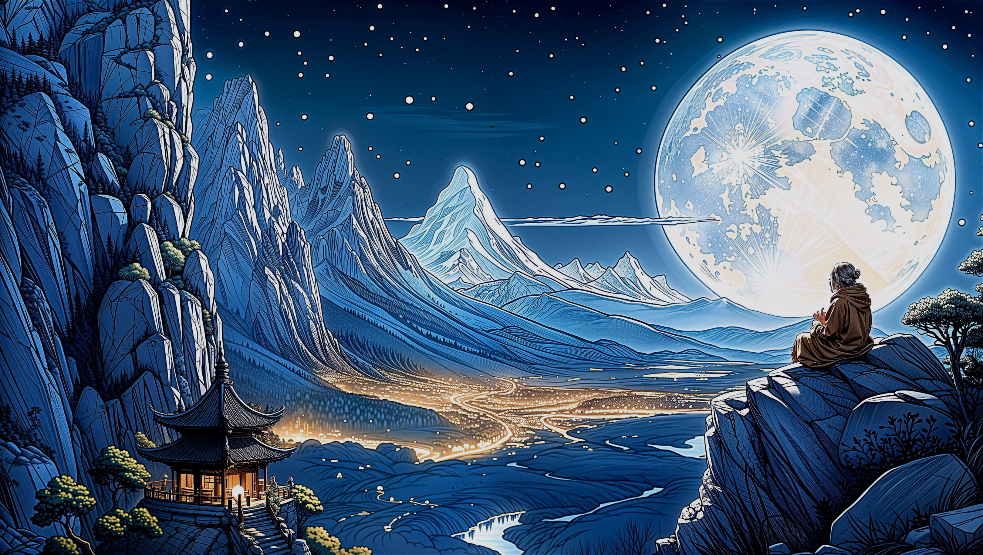Serene Night Landscape with Mountains and Meditation Scene