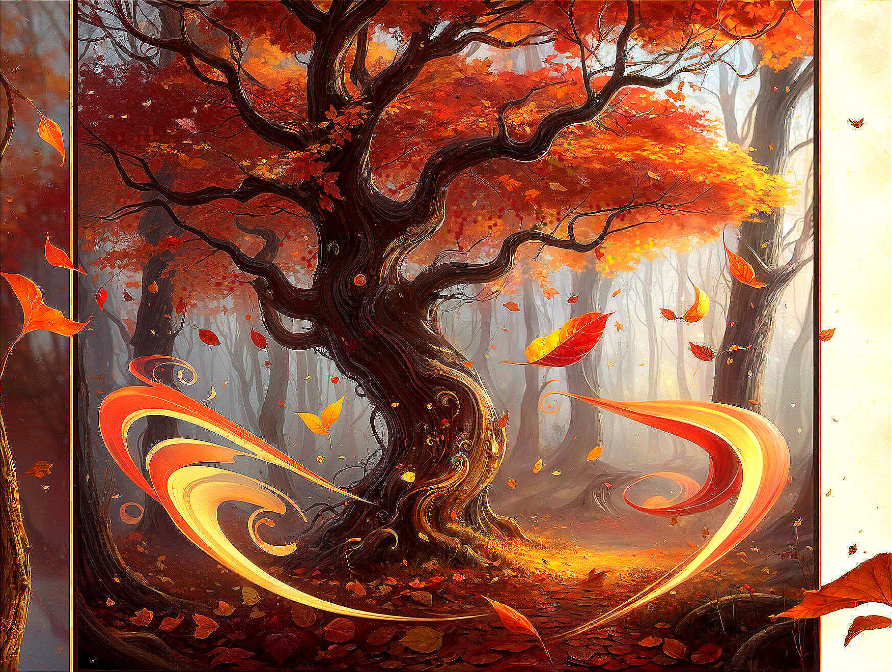 Majestic Autumn Tree in a Misty Forest Setting