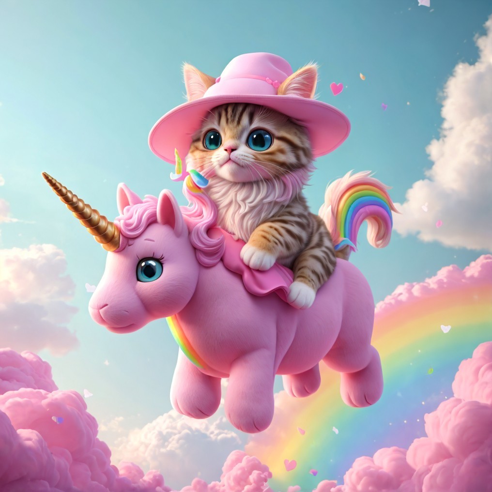 Fluffy Cat on Unicorn in Dreamy Pastel Scene