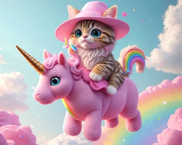 Fluffy Cat on Unicorn in Dreamy Pastel Scene
