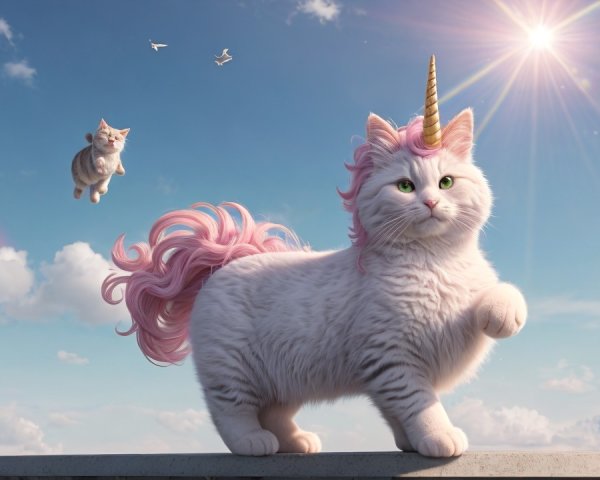Fluffy White Cat with Unicorn Horn in Dreamy Landscape
