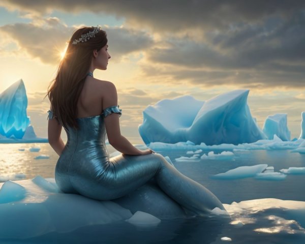 Mermaid on Iceberg in a Serene Dawn Landscape