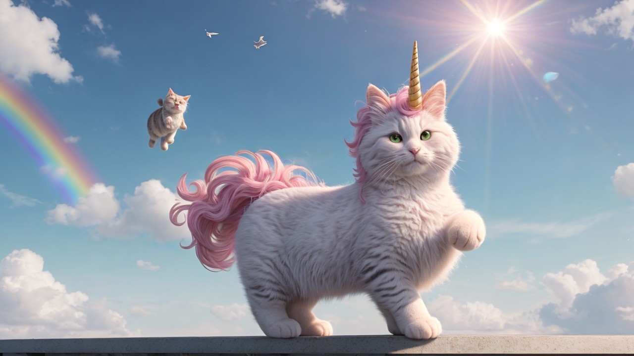 Fluffy White Cat with Unicorn Horn in Dreamy Landscape