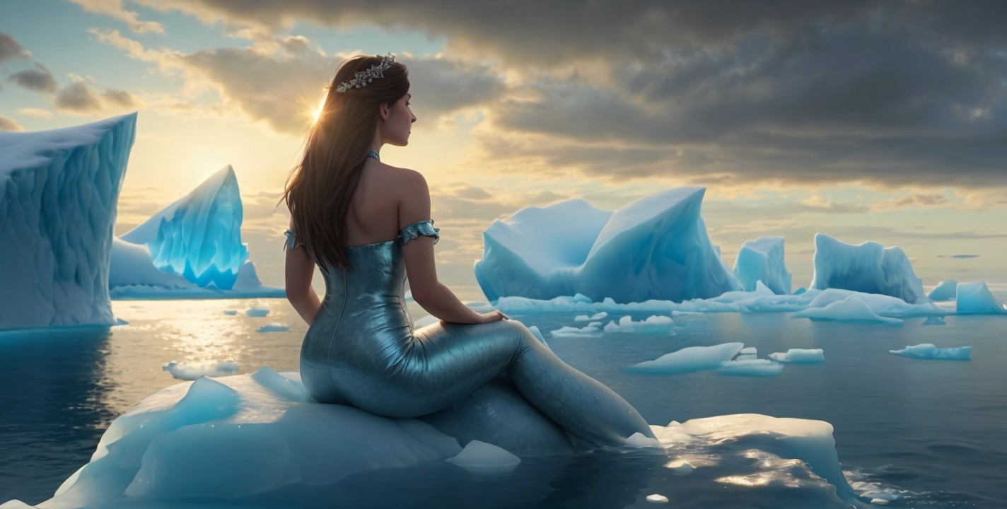 Mermaid on Iceberg in a Serene Dawn Landscape