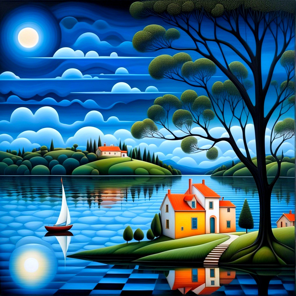 Serene Landscape with Lake, House, and Sailboat