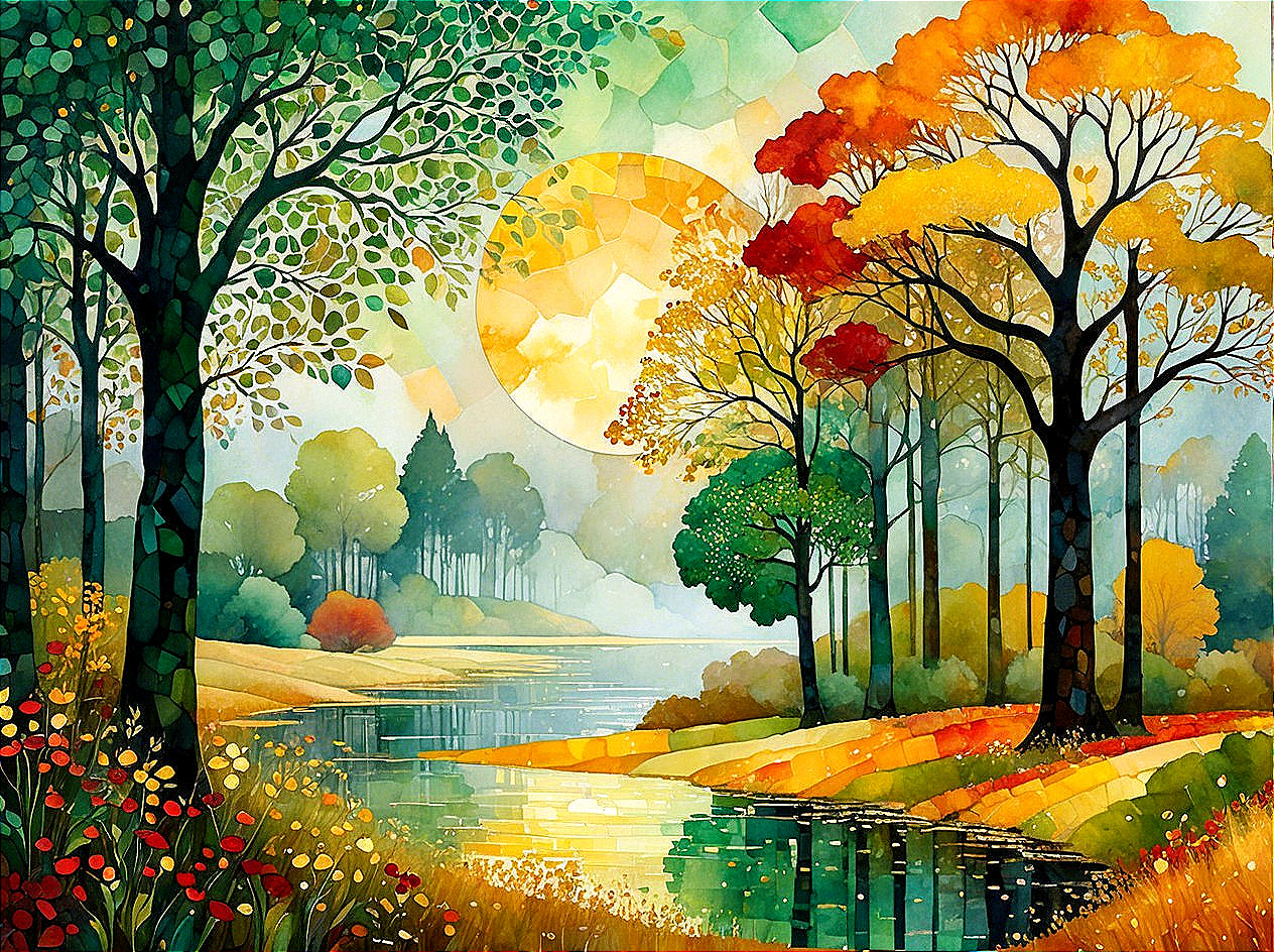 Vibrant Autumn Landscape with Tranquil River and Trees