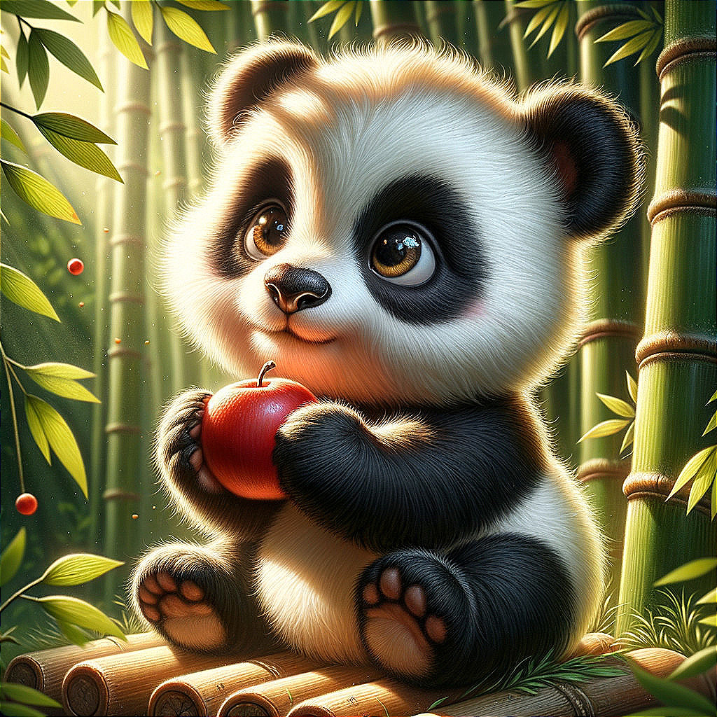 Fluffy Panda with Apple in Lush Bamboo Setting