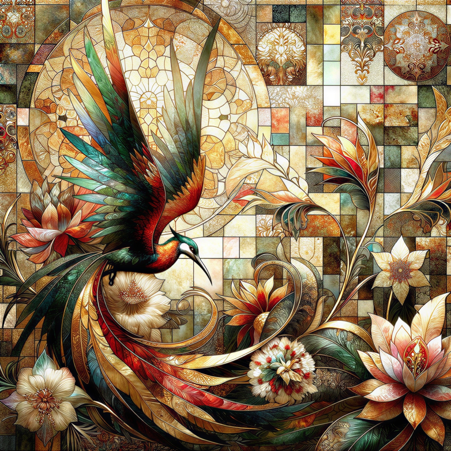 Vibrant Phoenix Surrounded by Floral Mosaic Design