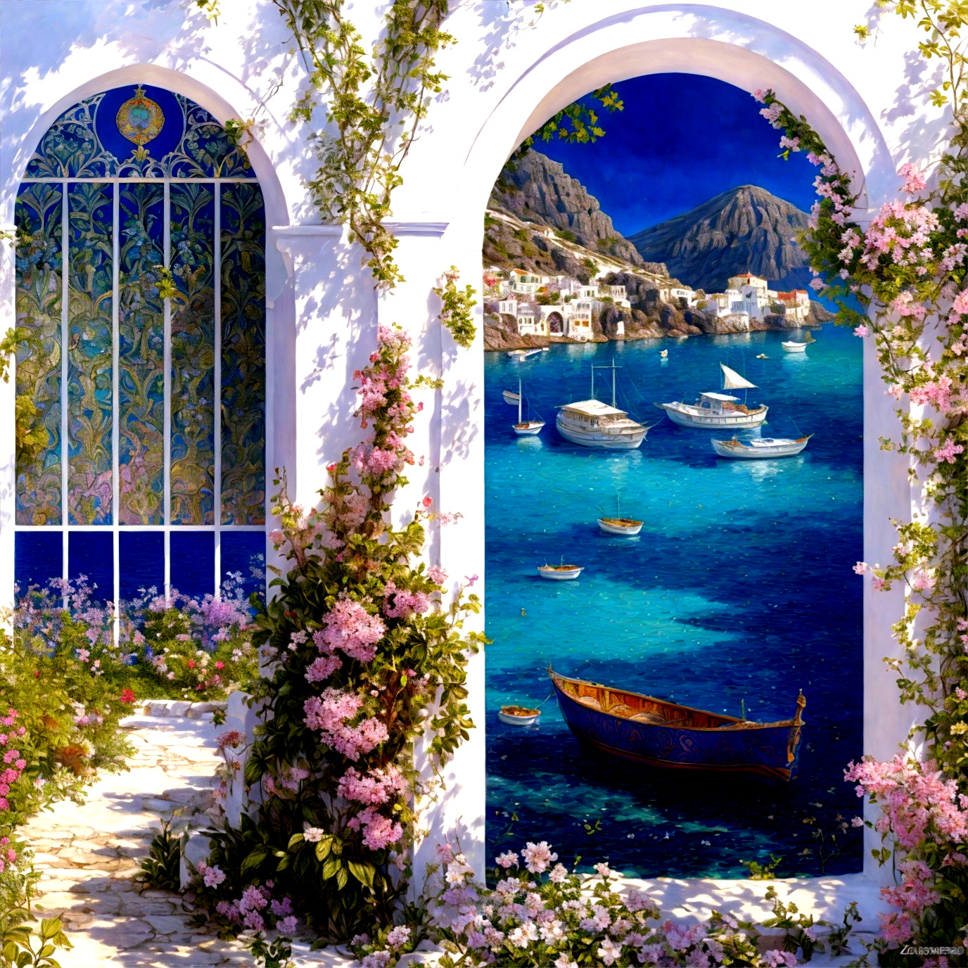 Coastal Scene with Arches and Vibrant Blue Sea