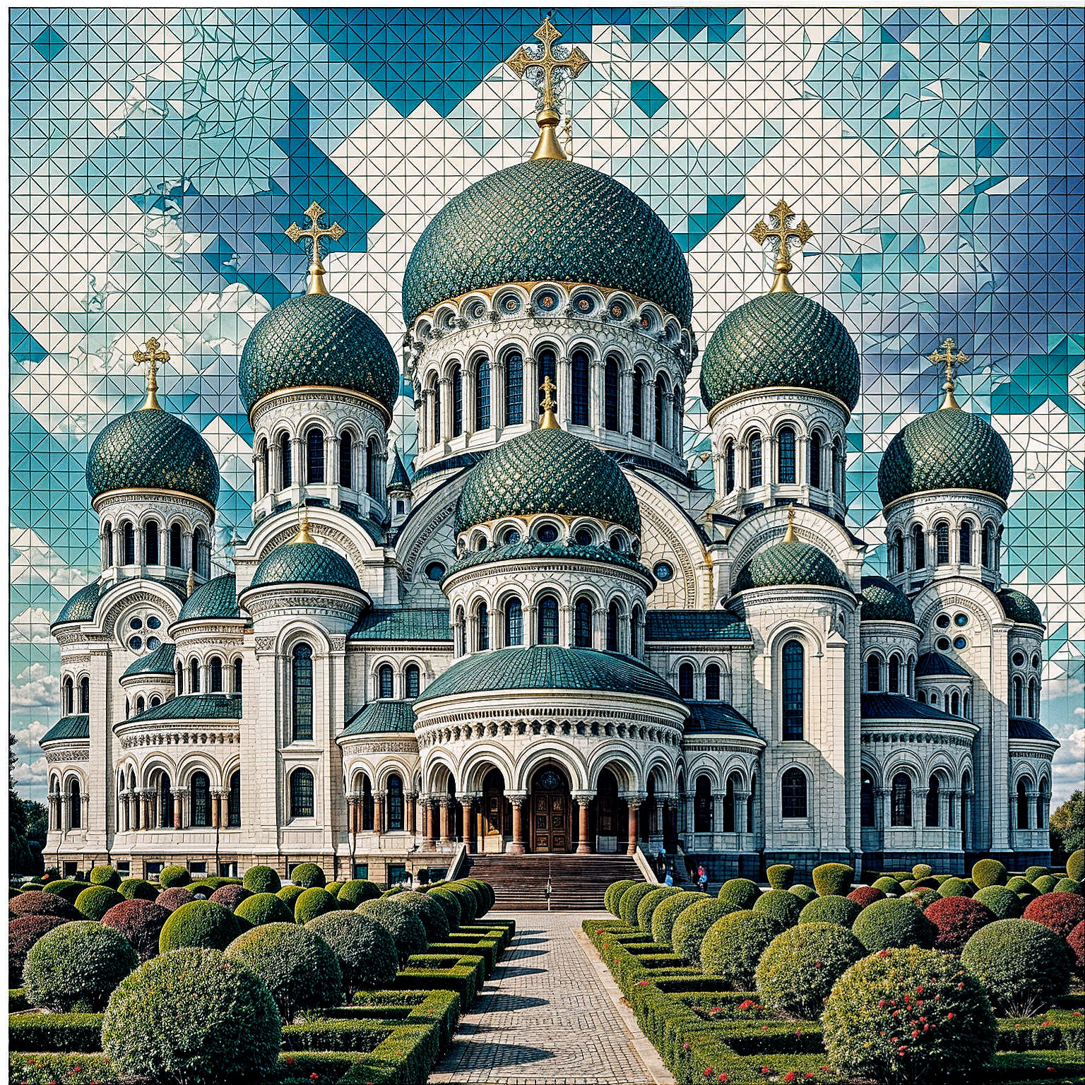 Grand Cathedral with Ornate Domes and Stonework