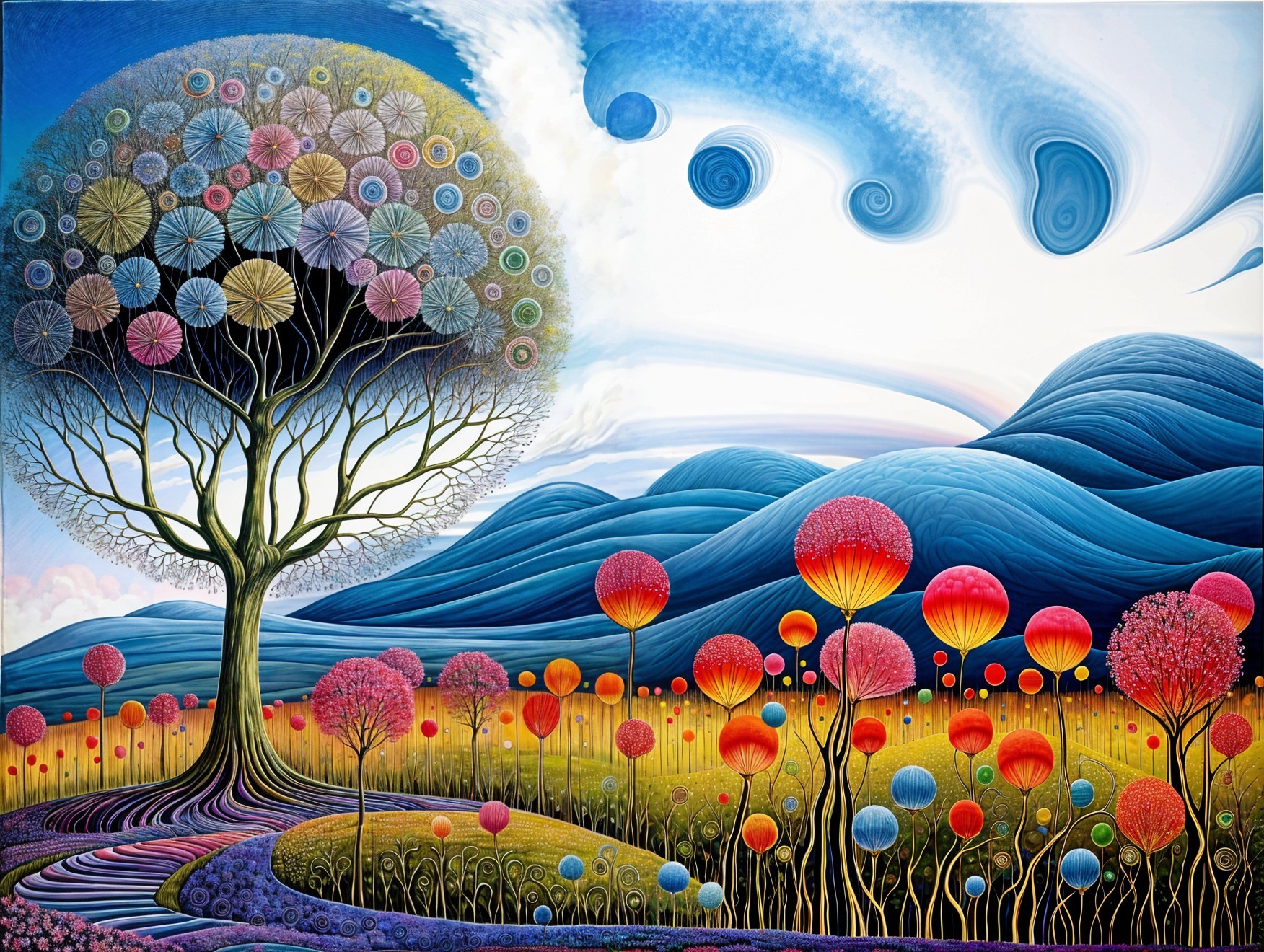 Surreal Landscape with Colorful Tree and Orbs