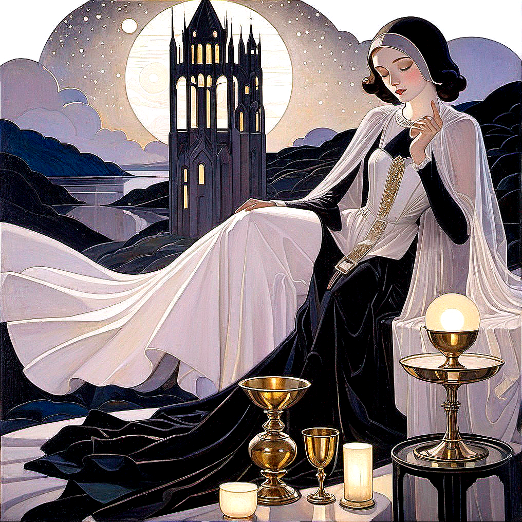 Elegant Woman in Black and White Gown with Gothic Tower