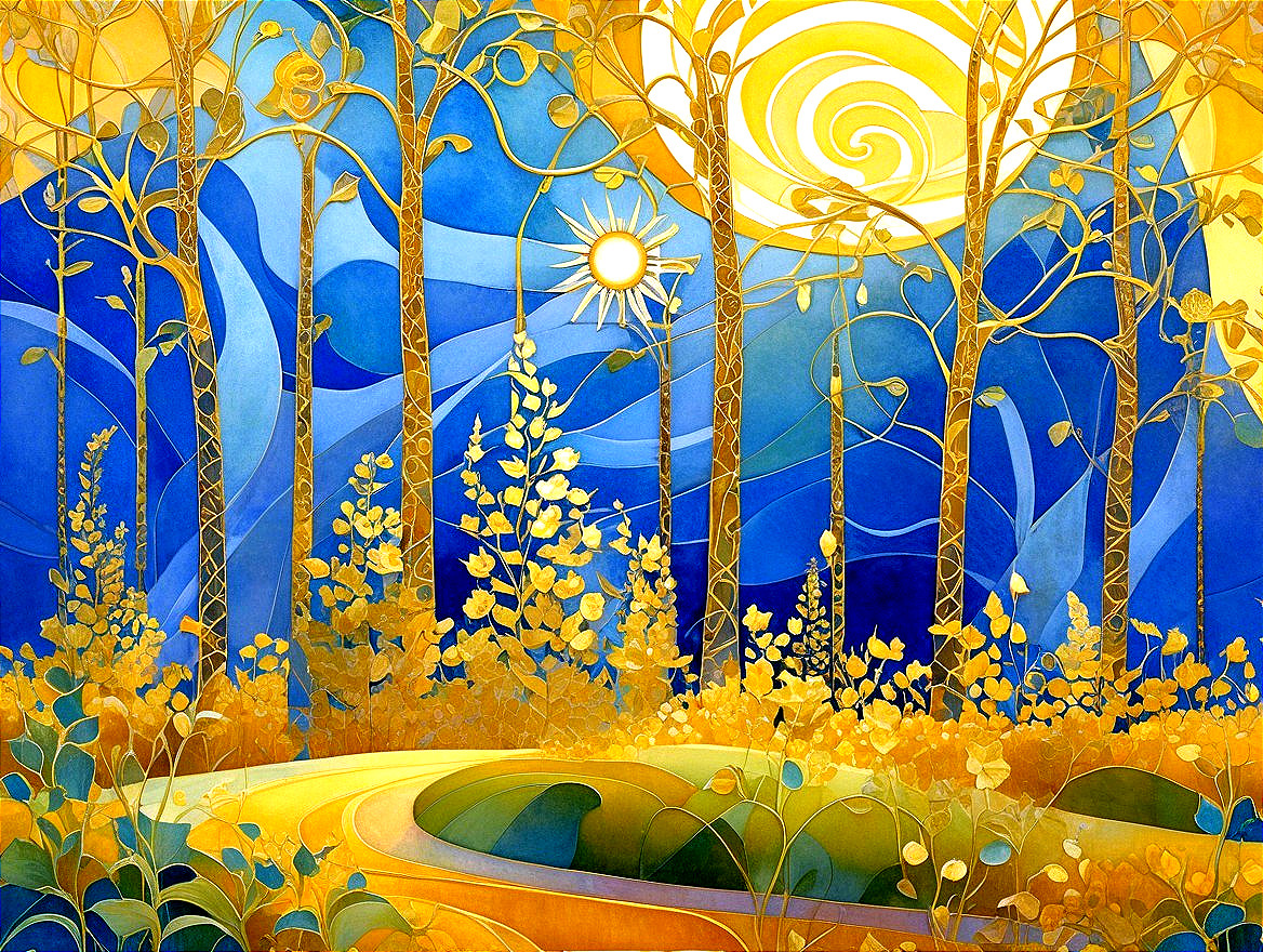 Vibrant Landscape with Stylized Trees and Foliage
