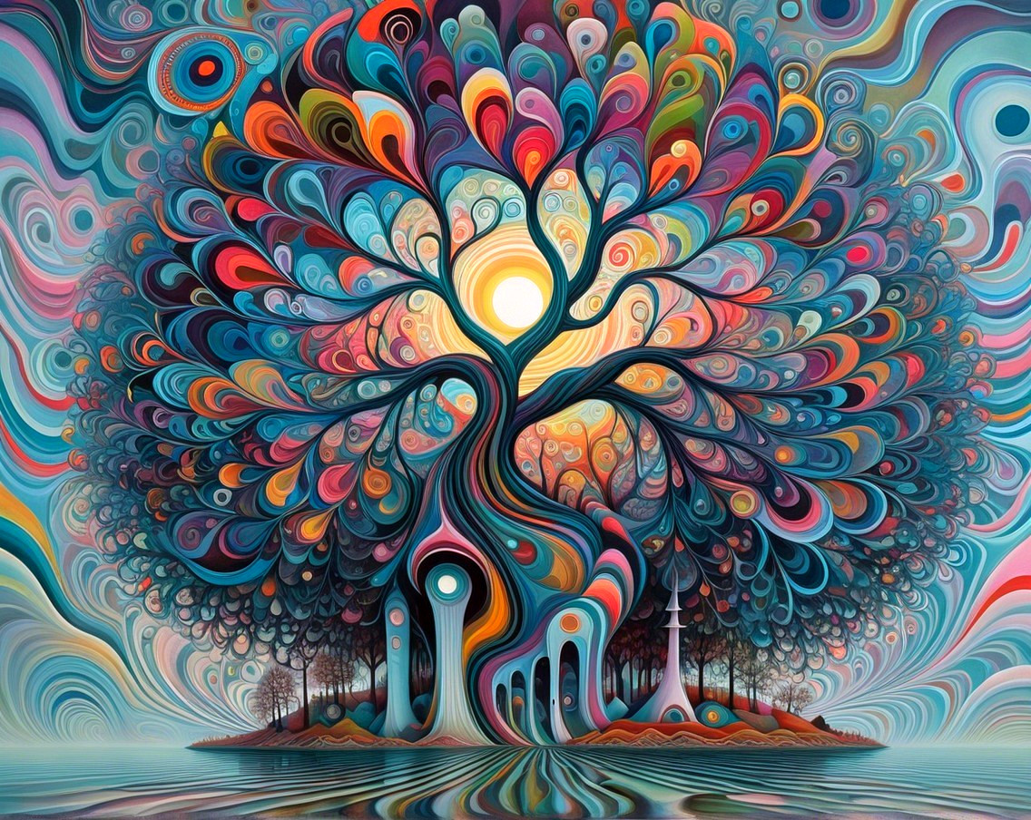 Abstract Tree with Colorful Swirls and Reflections