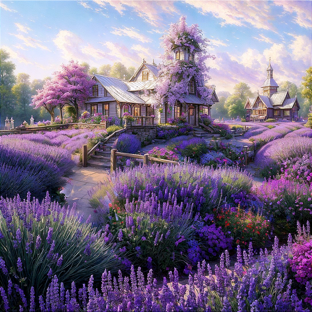 Serene Landscape with Wooden Cottages and Lavender Fields