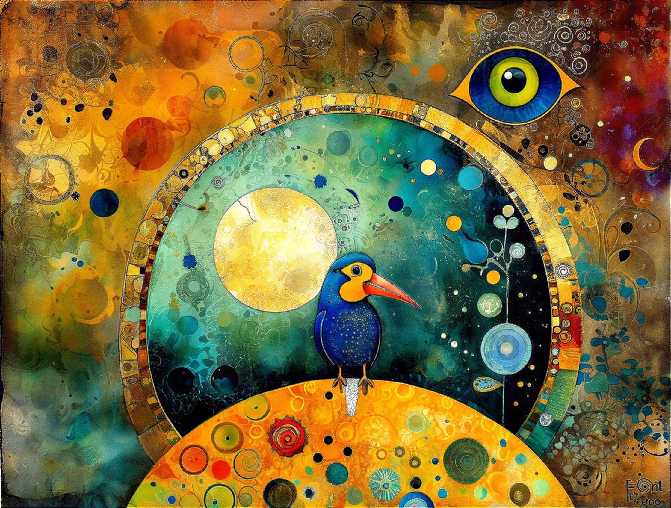 Vibrant Abstract Composition with Sun and Bird Elements