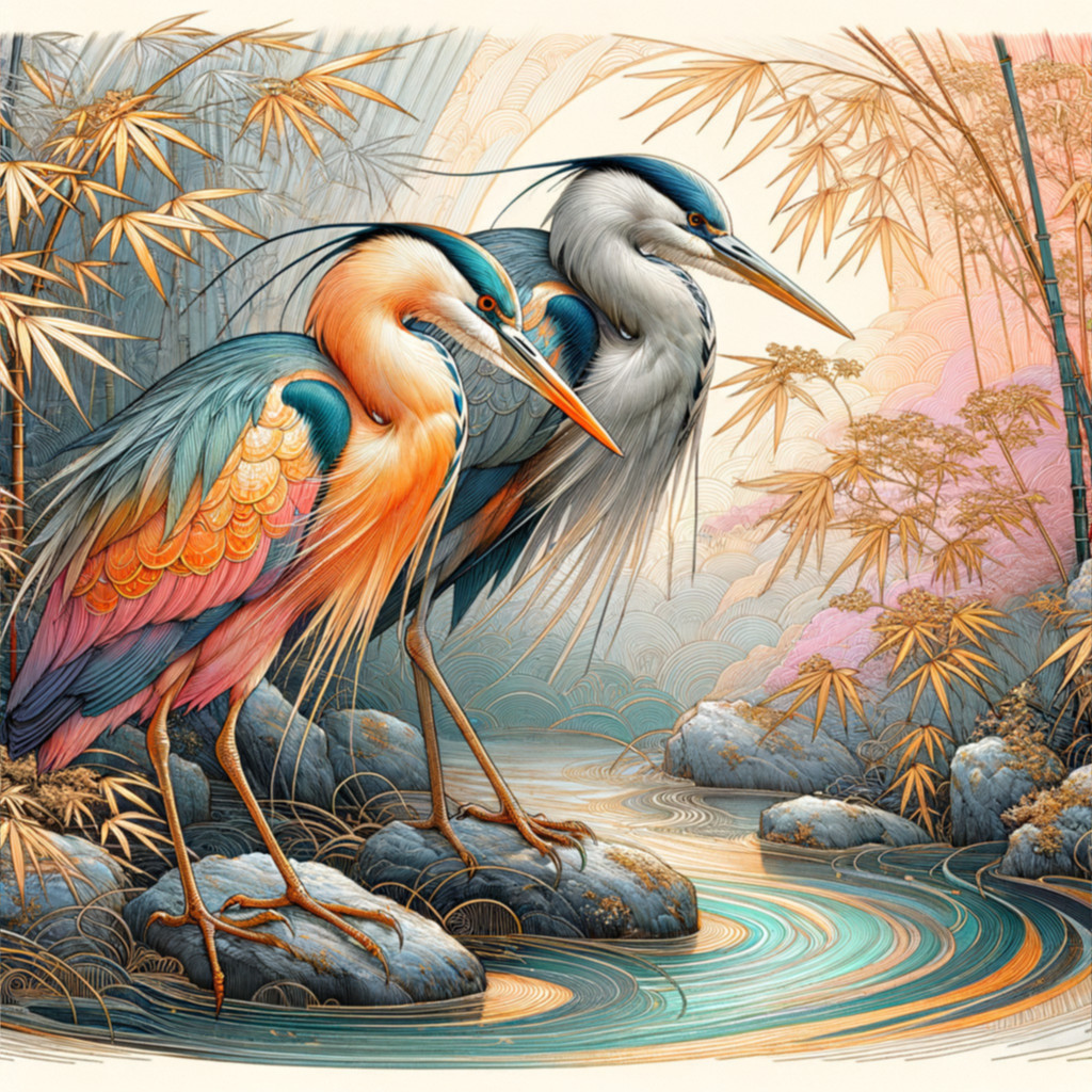 Elegant Herons by a Tranquil Stream in Nature