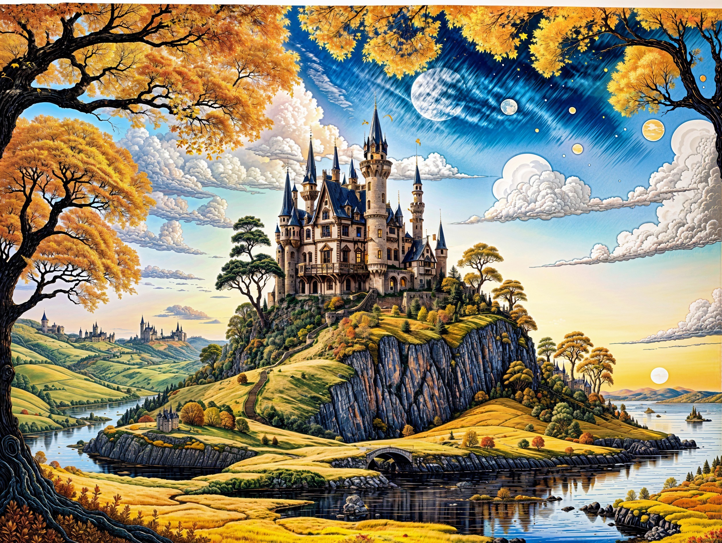Majestic castle on a hill amidst autumn landscape