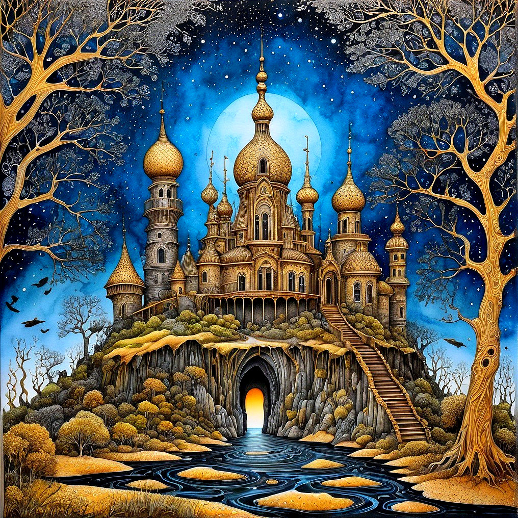 Magical castle with golden domes under starry sky