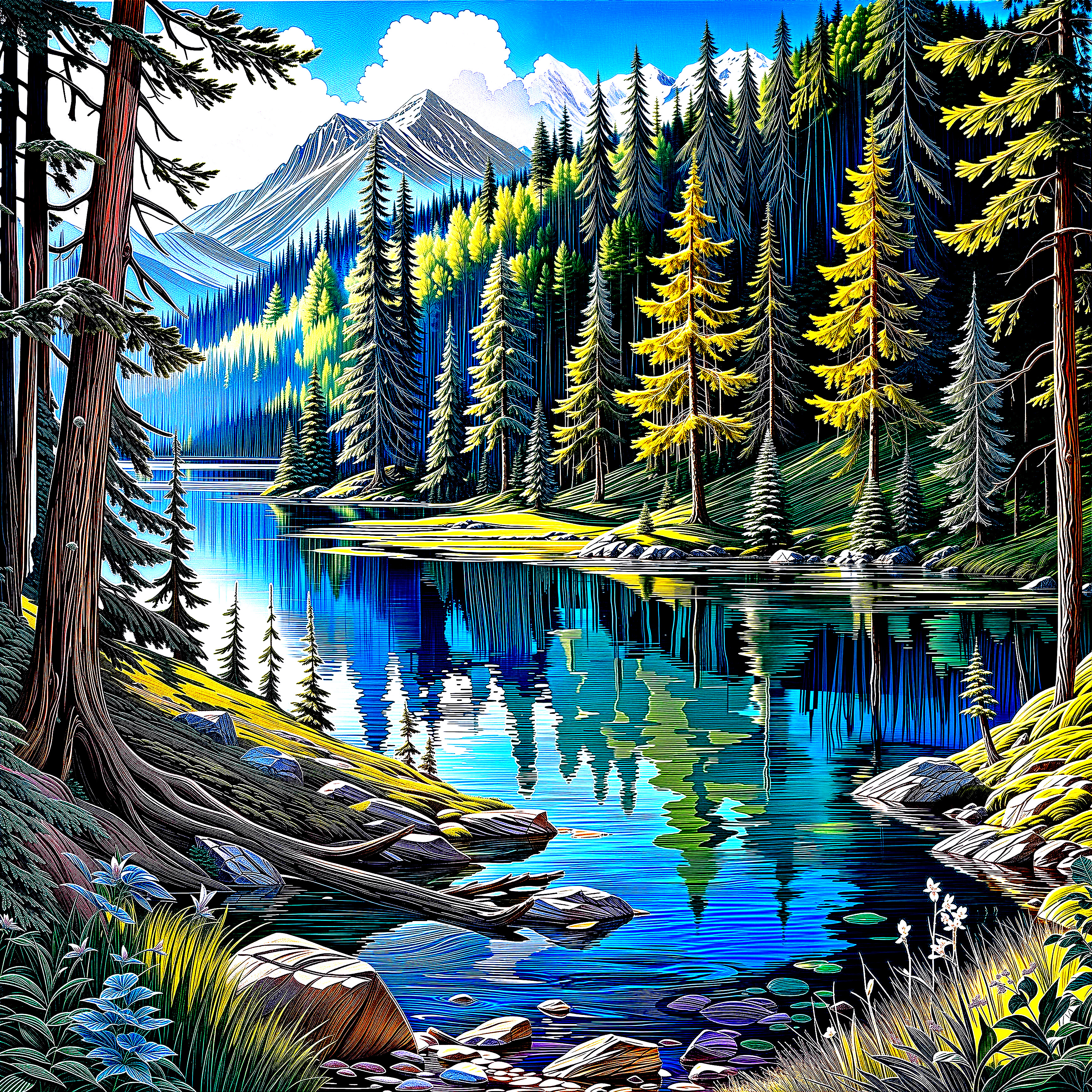 Tranquil Lake Surrounded by Lush Greenery and Mountains