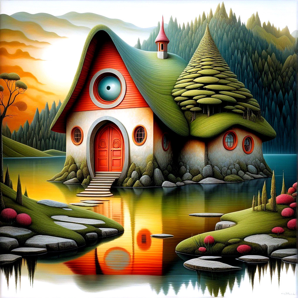 Whimsical House by a Tranquil Lake at Sunset