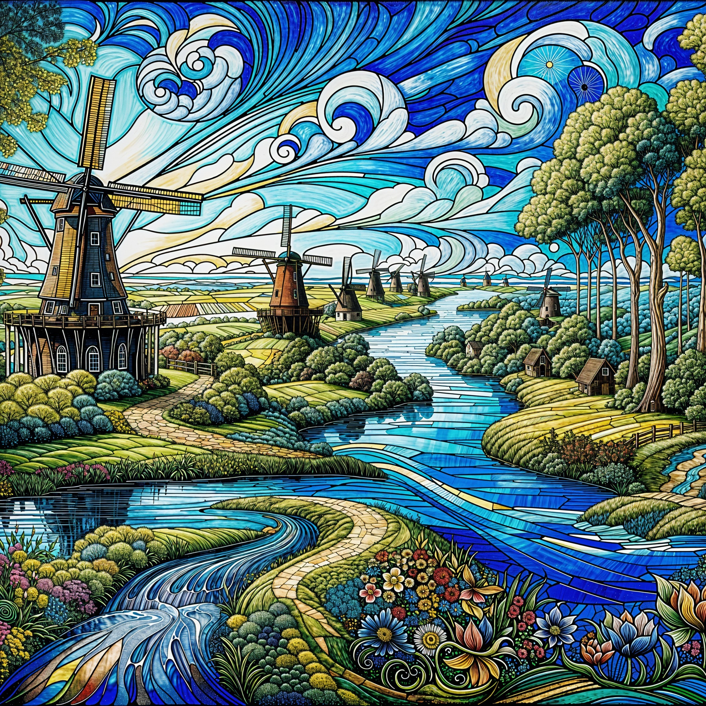 Vibrant Landscape with Windmills and Colorful Sky