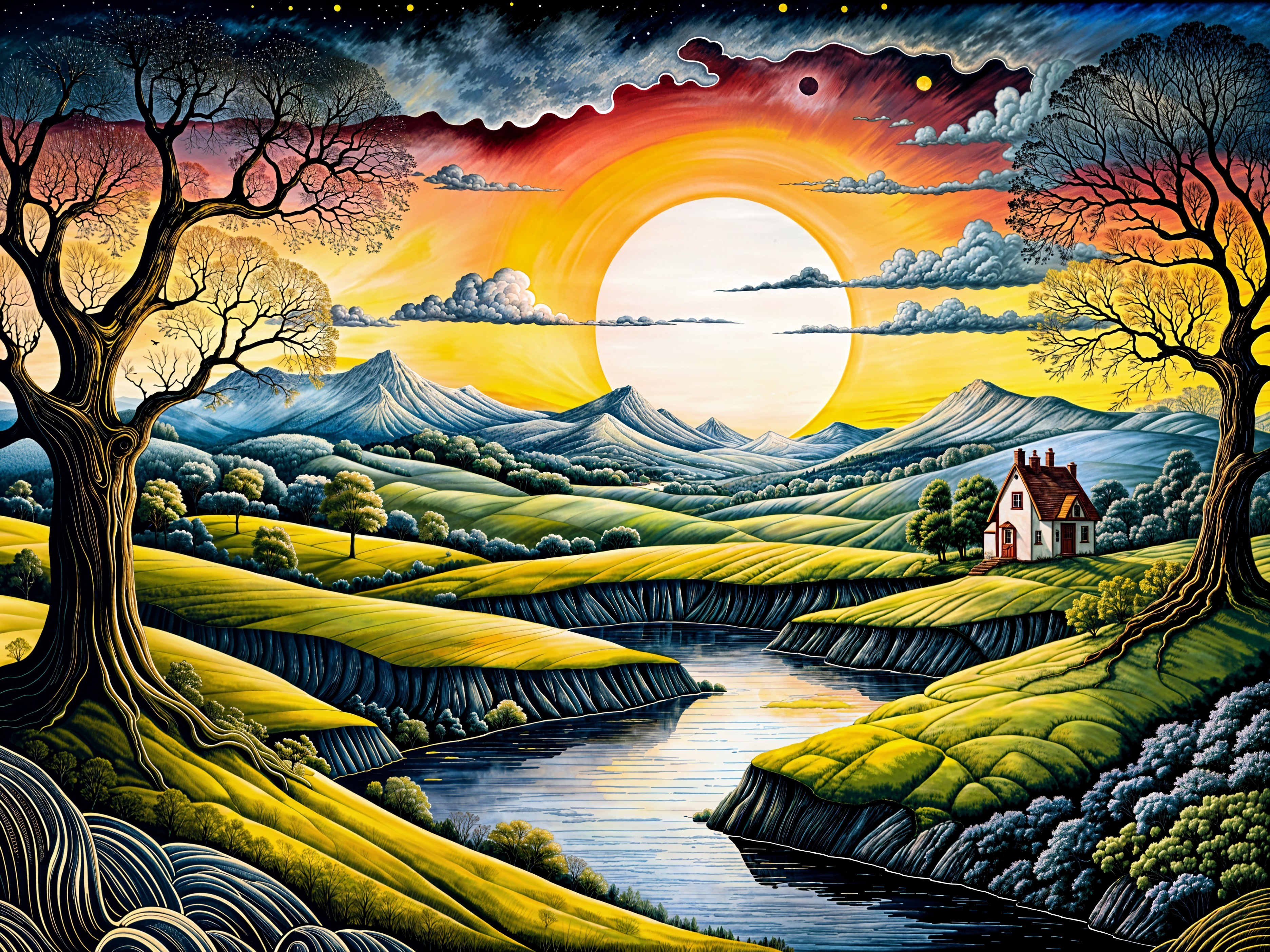 Vibrant Landscape with Rolling Hills and River Scene