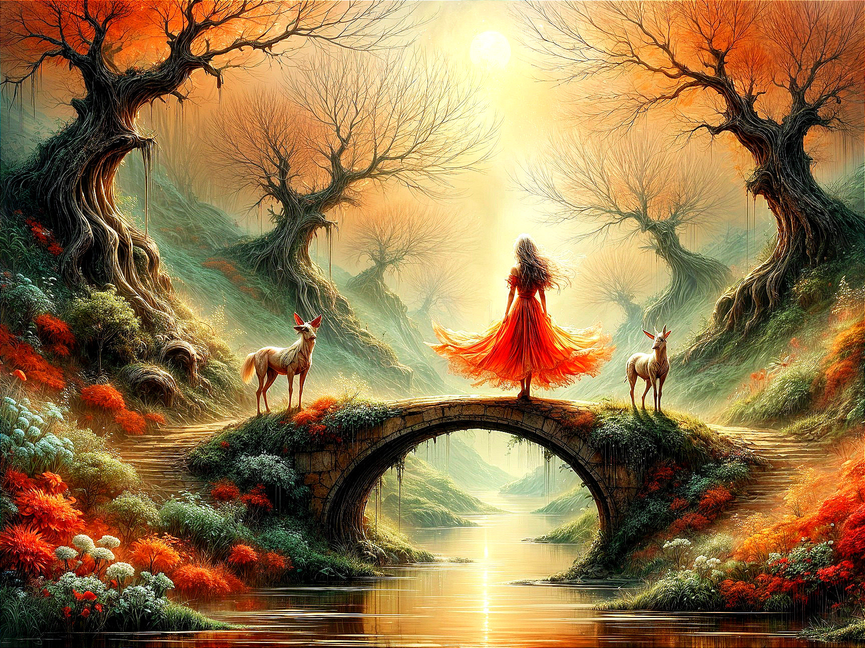 Woman in Red Dress on Stone Bridge in Autumn Landscape