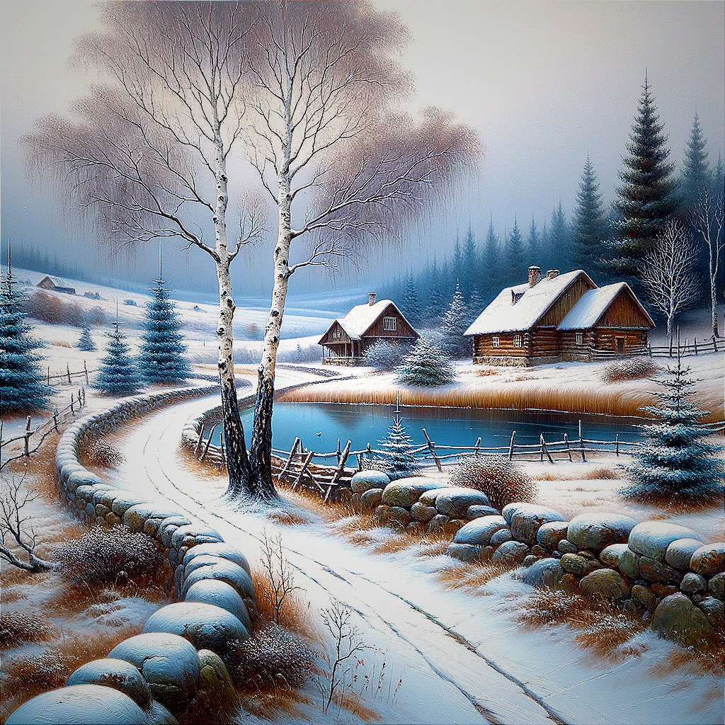 Snowy Pathway to Cottages and Frozen Pond in Winter