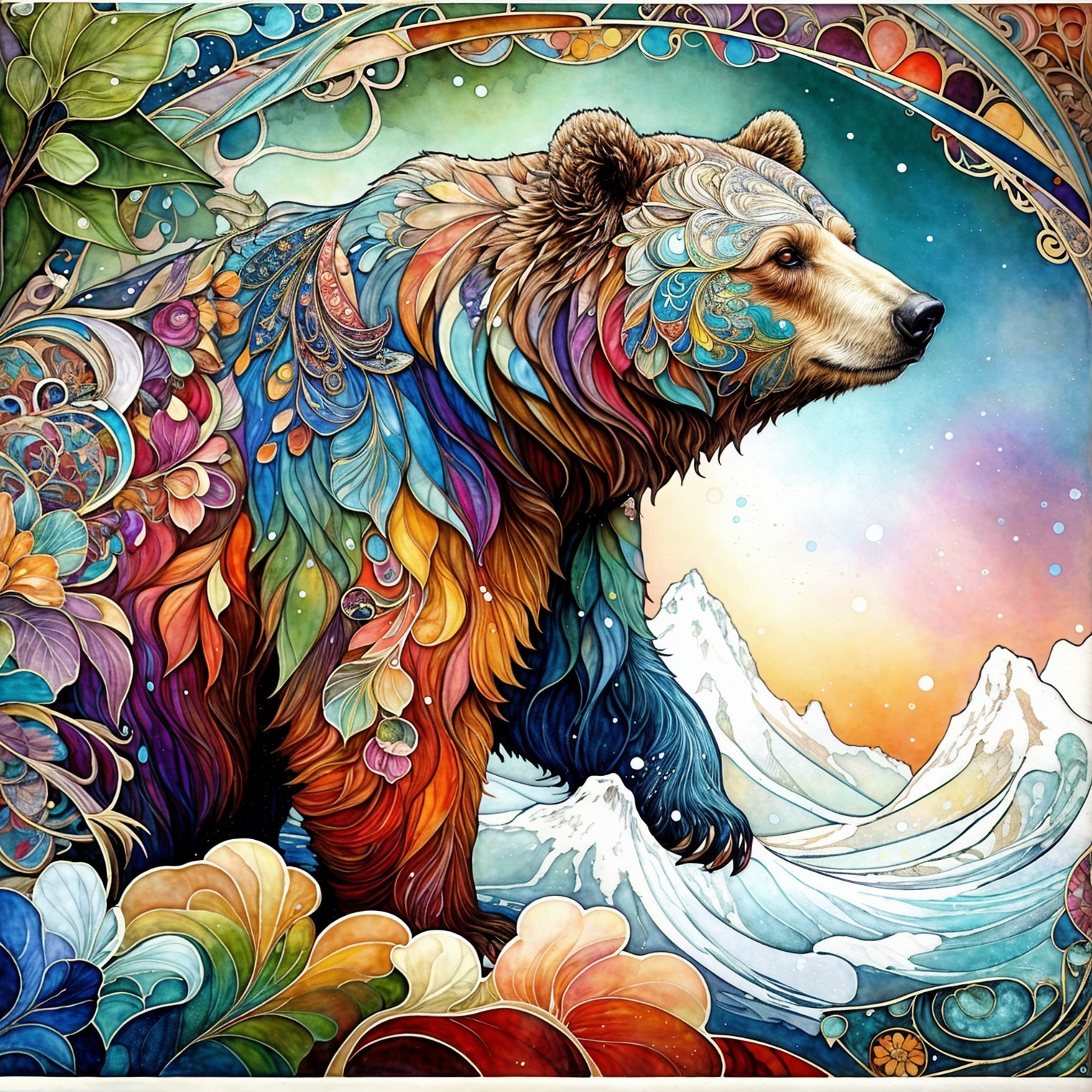 Colorful bear in whimsical landscape with floral patterns
