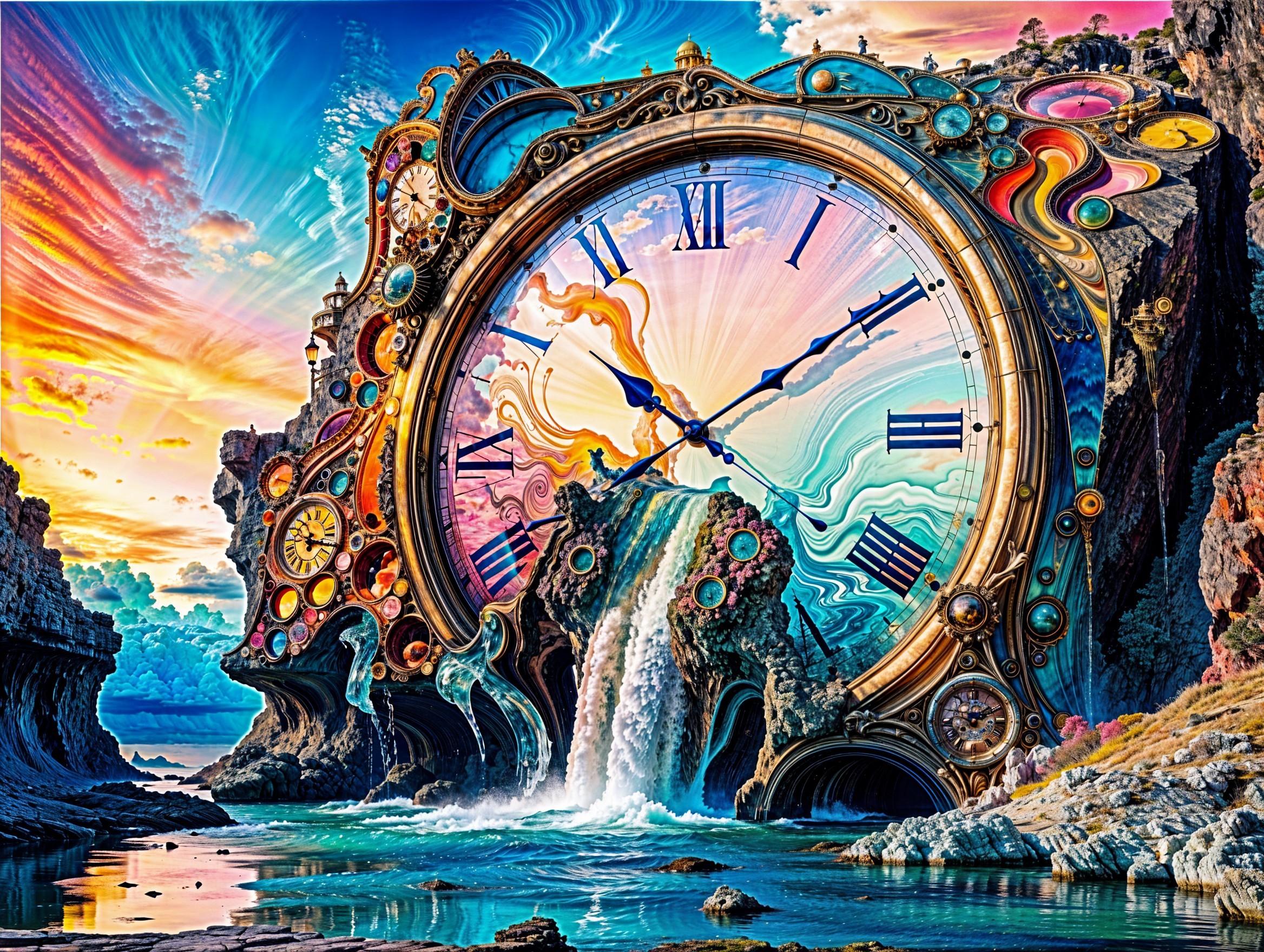 Surreal Landscape with Giant Clock and Waterfall
