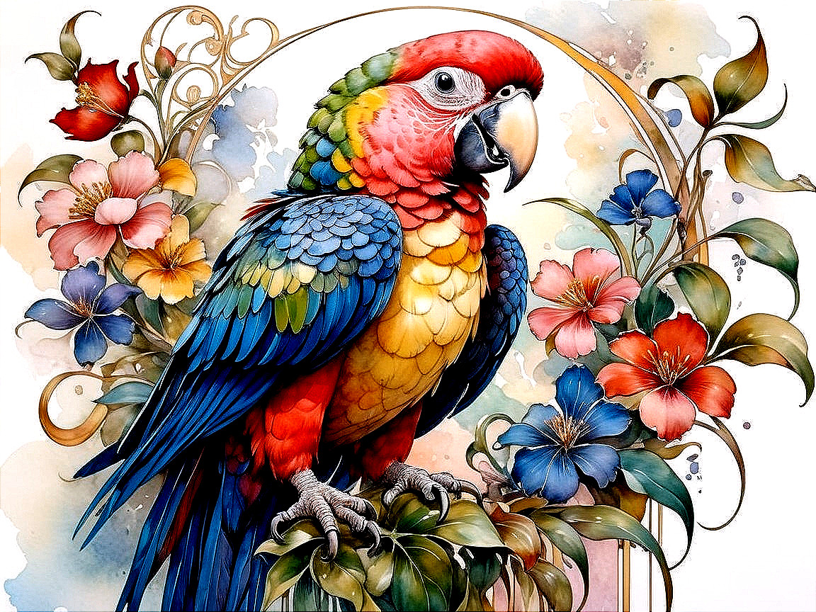 Vibrant Parrot Surrounded by Colorful Flowers